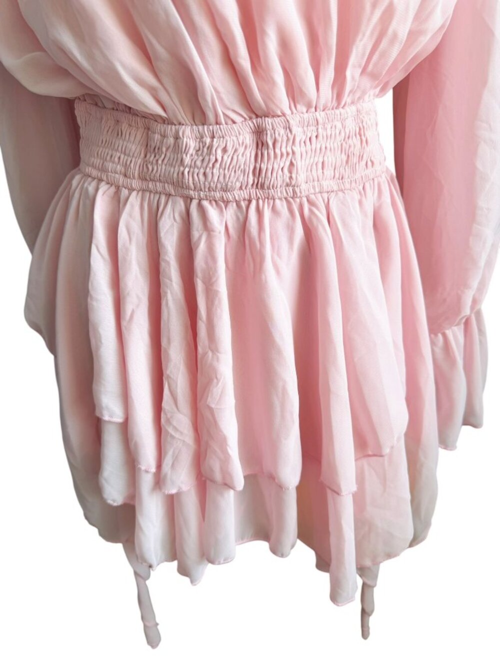 Pink Off Shoulder Chiffon Ruffle Romper Layered Mini Dress M - Picture 2 of 8
